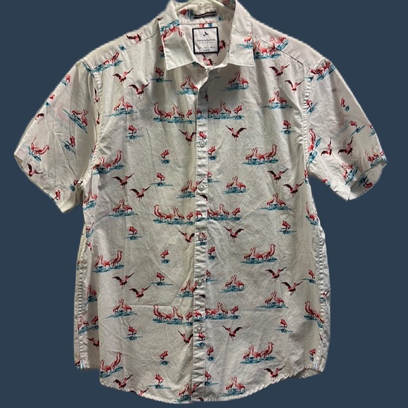 Denim & Flower/Ricky Singh. Short Sleeve Shirt. slim fit Flamingo design SZ LRG - Picture 1 of 5